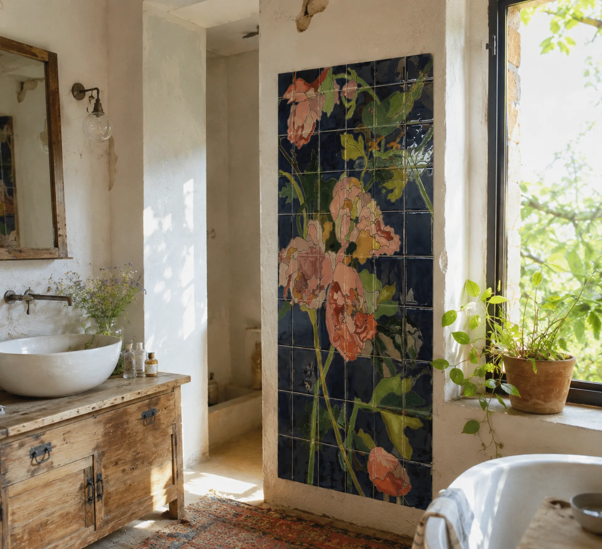 Salle de bain en céramique Art Nouveau peinte à la main par Laurence Brecher