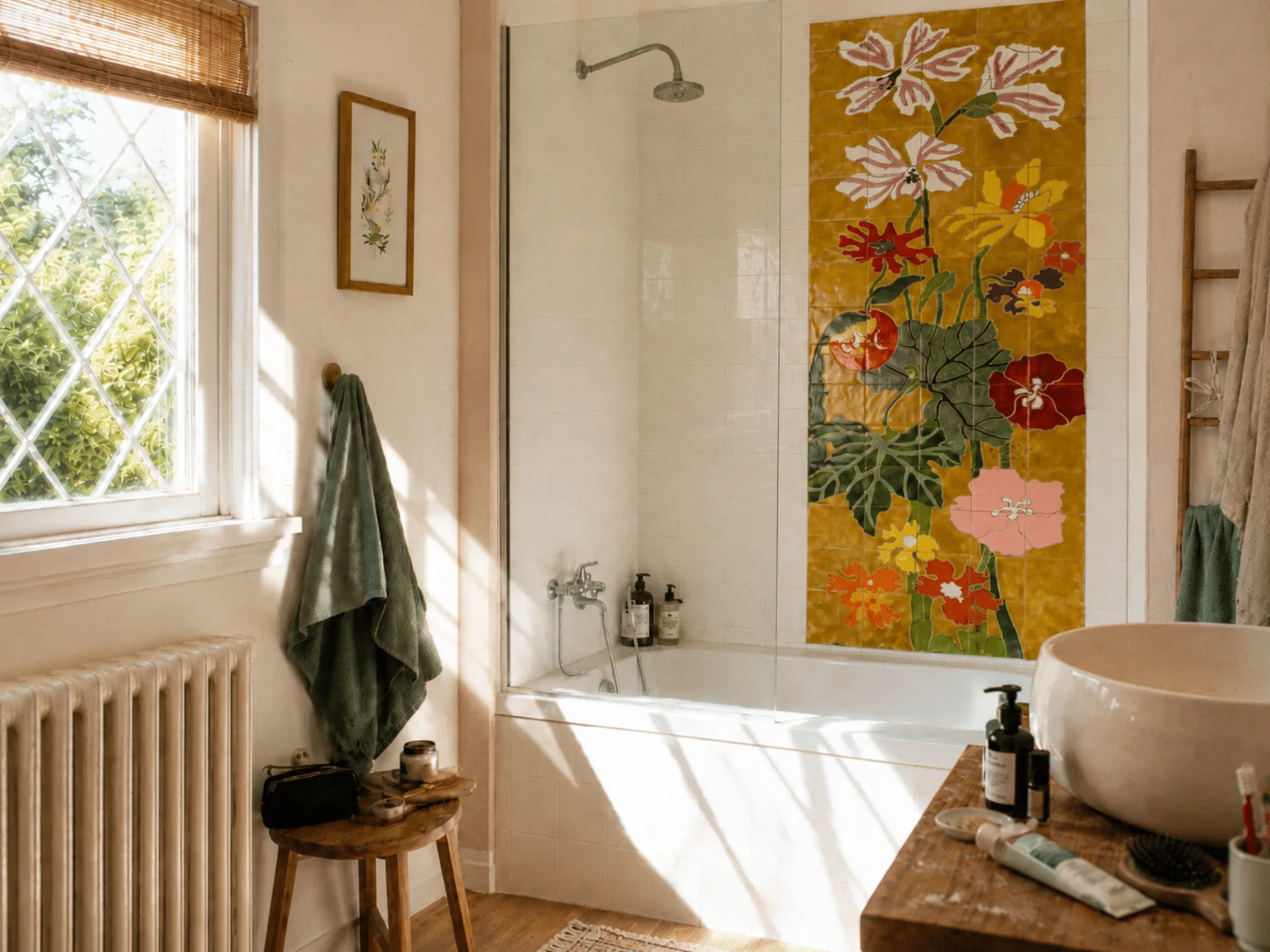 Salle de bain complète en faïence Art Nouveau peinte à la main, atelier Laurence Brecher
